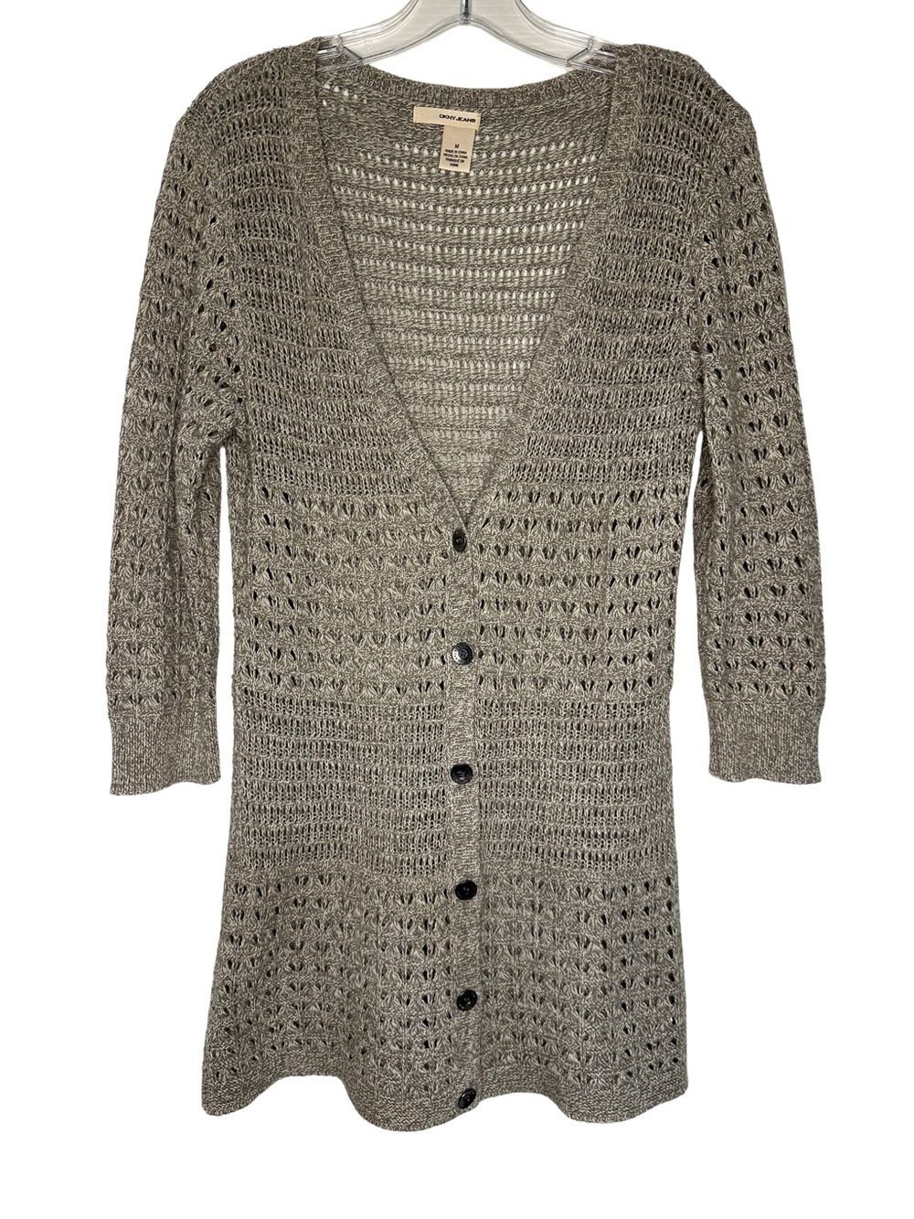 DKNY Jeans Open Knit Crochet Cardigan Sz M Taupe 3/4 Sleeve